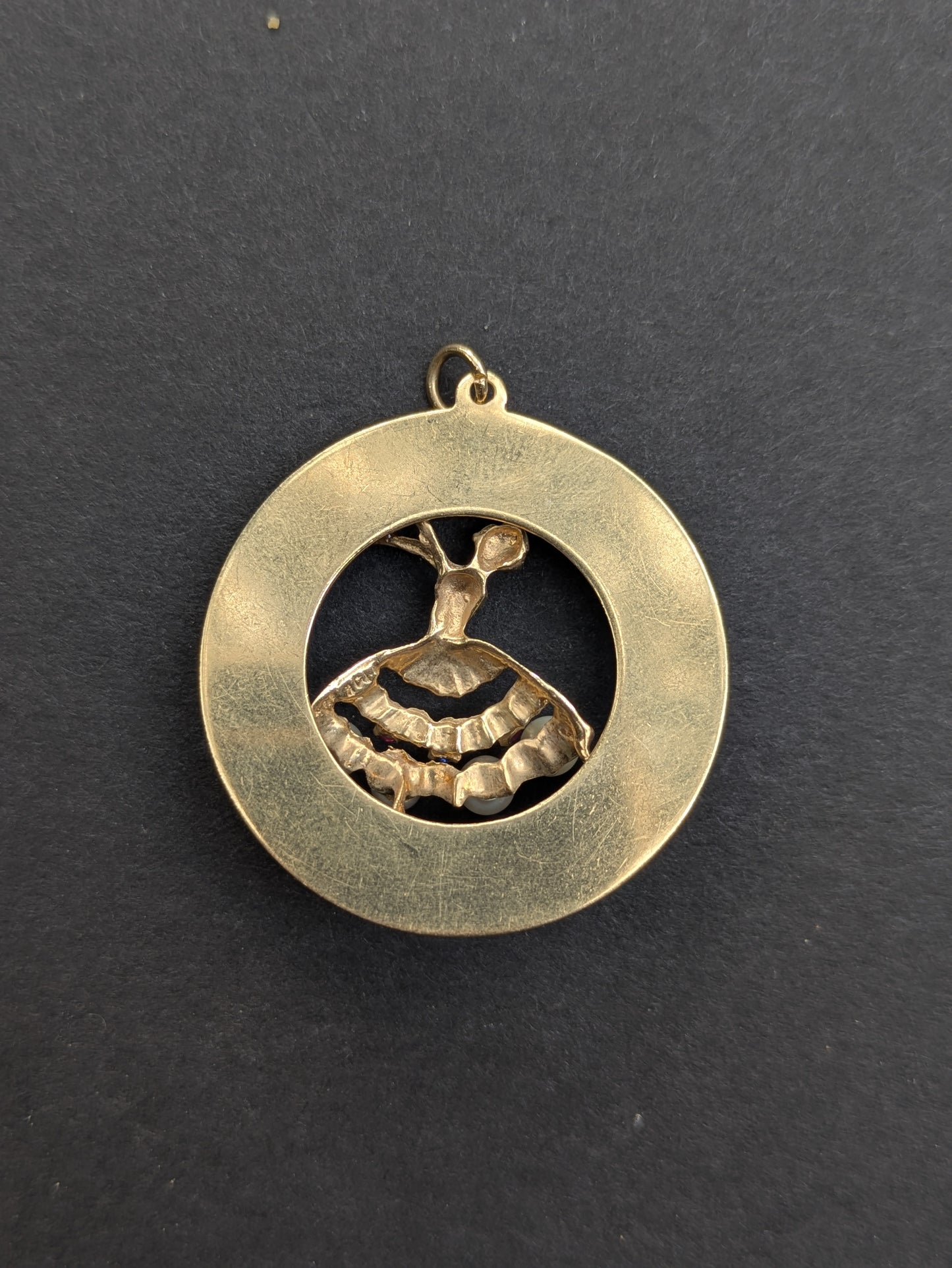14k 1960's Disk Charm with 3D Ballerina with Pearl, Sapphire, and Ruby