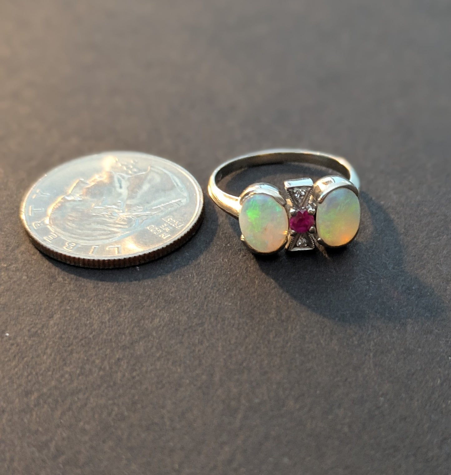10kt Art Deco Opal, Ruby, Diamond Ring