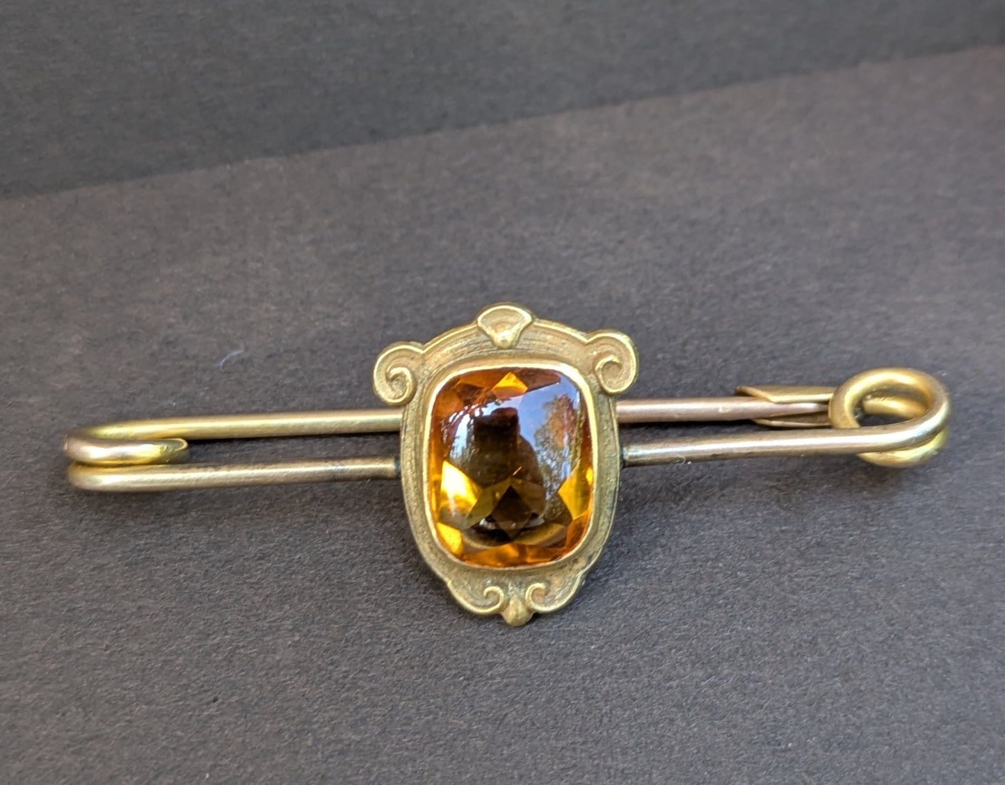 Arts & Crafts 14kt American Citrine Safety Pin Style Brooch