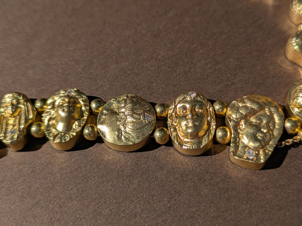 14K SLIDE BRACELET WITH DIAMOND ADORNED ART NOUVEAU WOMEN FACES