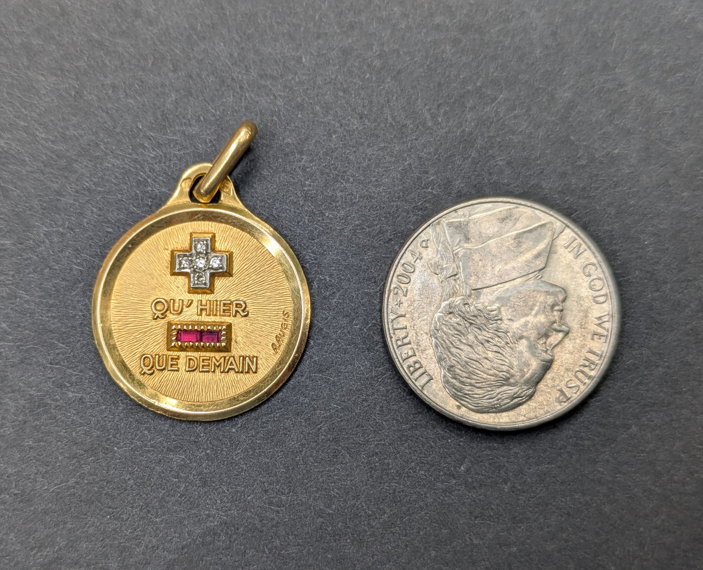 Augis Medal "Qu'hier" Pendant 18kt French set with Diamonds and Rubies