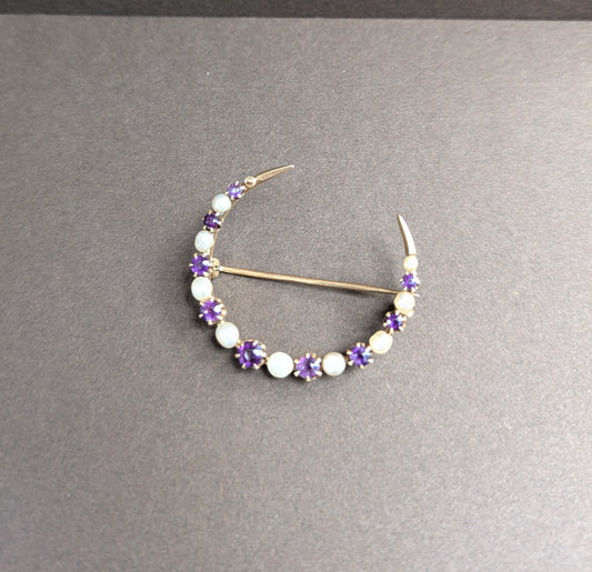 14kt Pearl and Amethyst Cresent Brooch