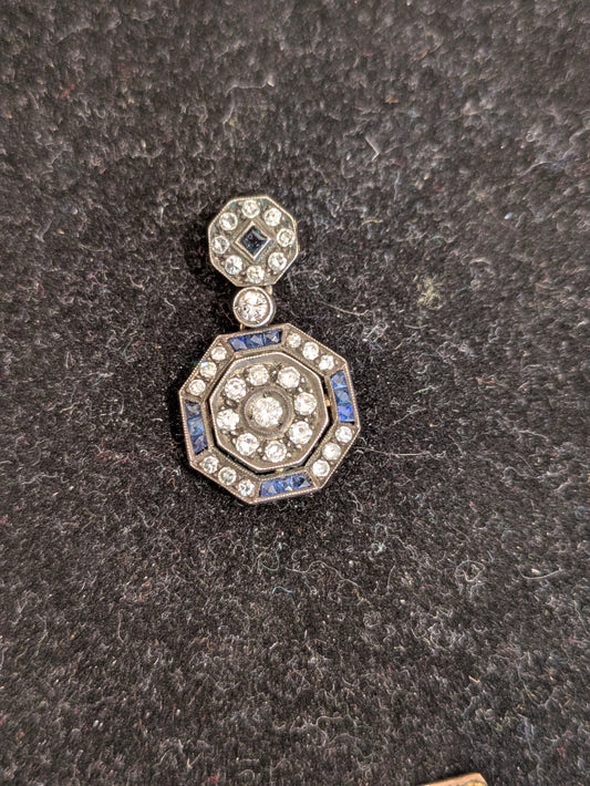 Sapphire and Diamond 14kt and Silver Art Deco Pendant