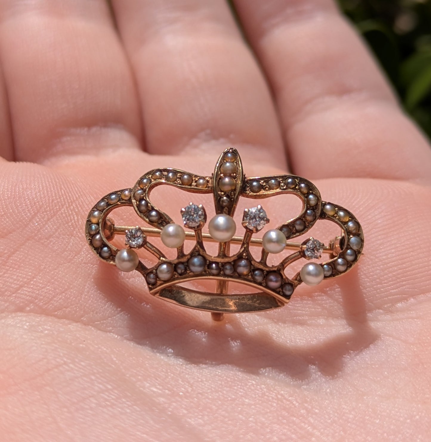 12kt Seed Pearl & Mine Cut Diamond Crown Brooch with Watch Hook