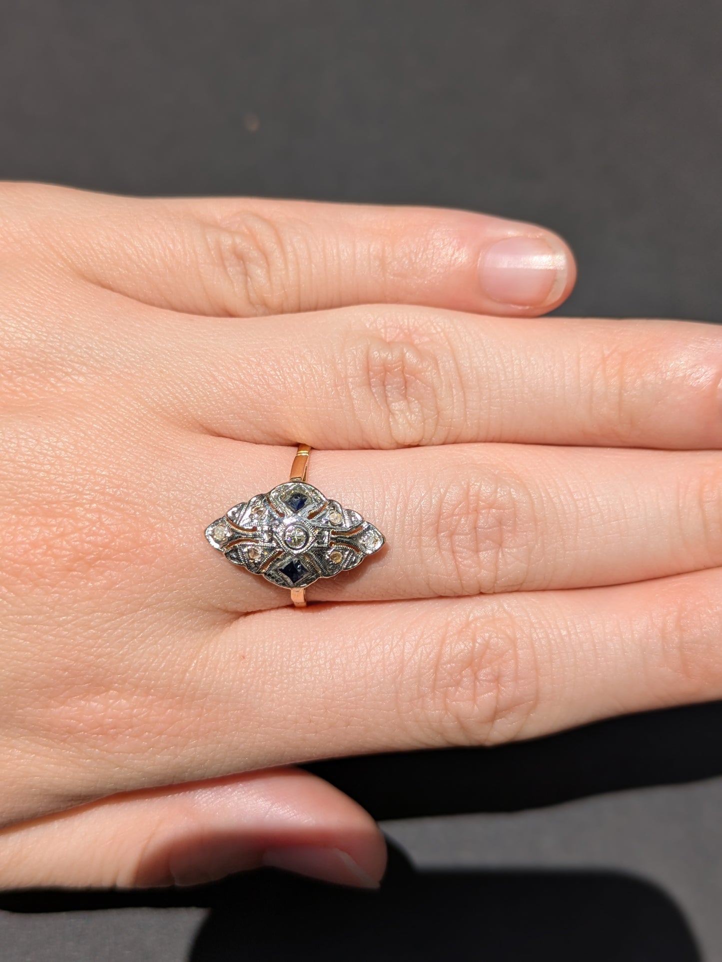 18kt and Platinum Sapphire and Diamond Navette Ring