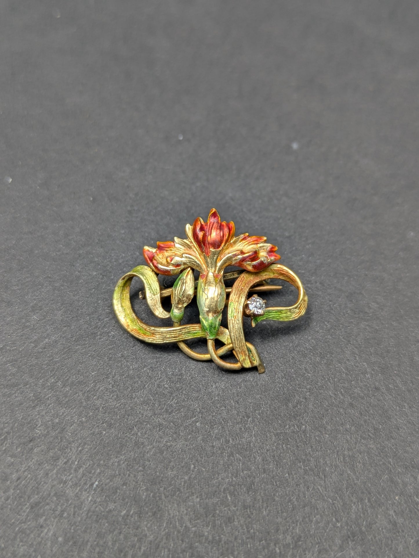 14kt Art Nouveau Enamel Flower Brooch with Diamond