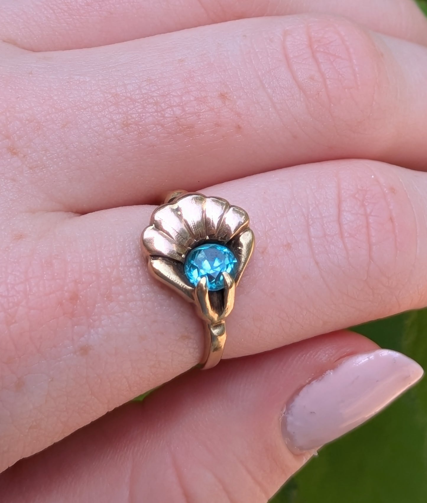 10k Two Tone Depression Era Ring with Blue Zircon