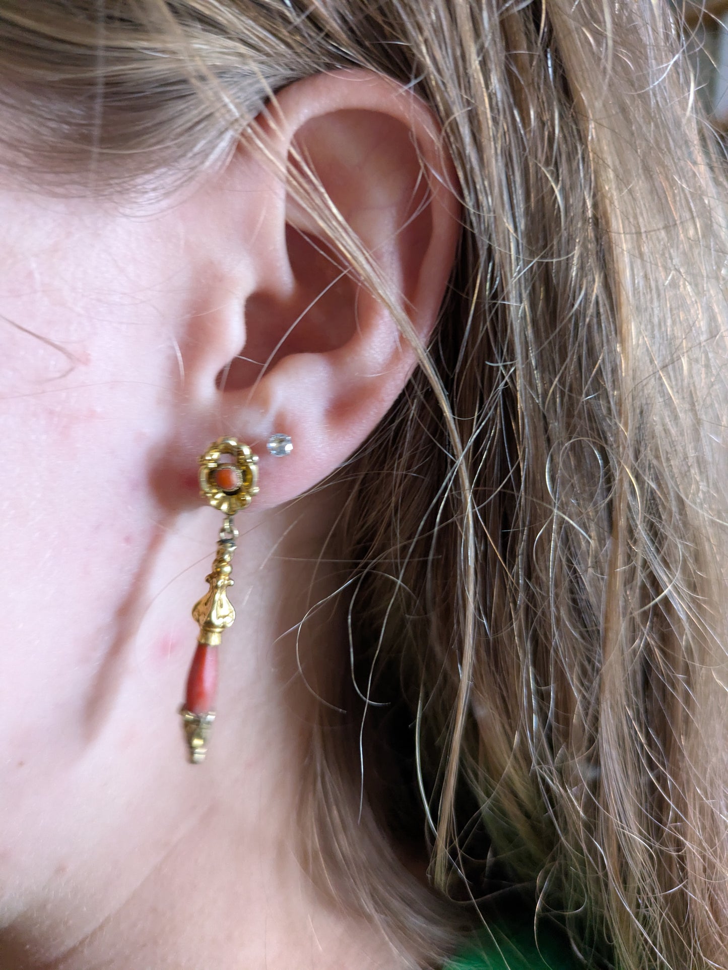 14k Antique Dutch Coral Earrings with Floral Caps