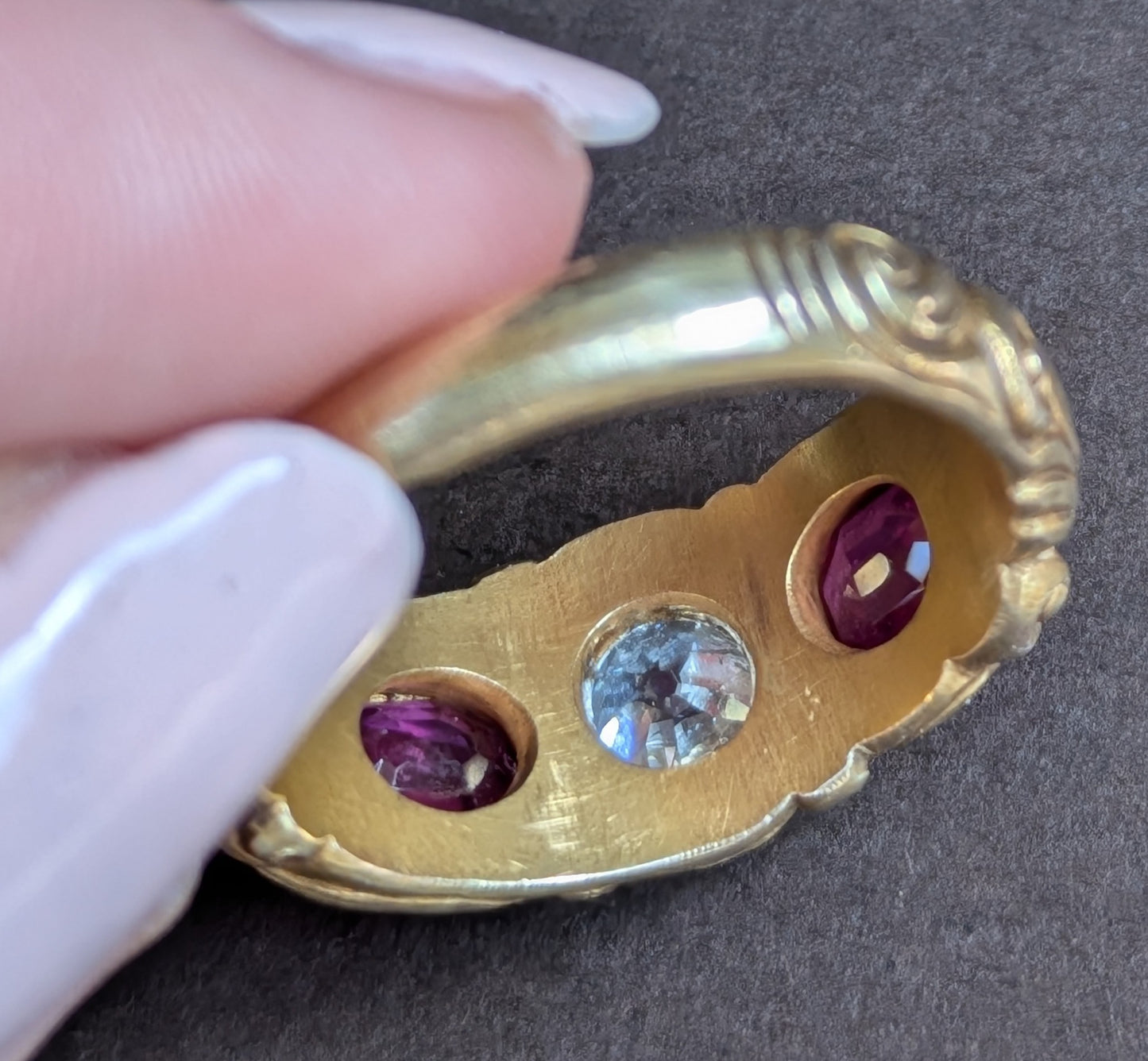 18kt Flush Set OEC Diamond & Red Spinel Ring