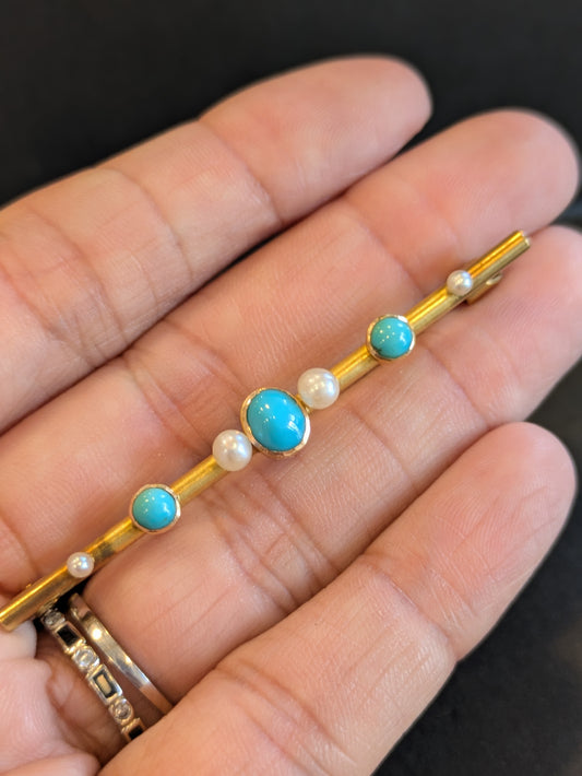 14kt Turquoise and Pearl Bar Pin