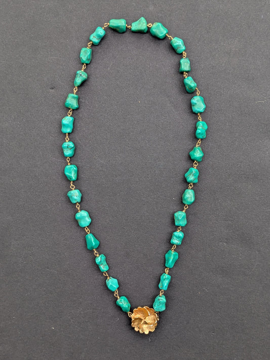 Turquoise Necklace with 14k Large Flower Clasp