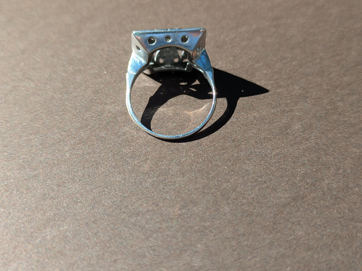 DIAMOND CENTERED FILGREE POSTAGE STAMP RING IN 14K WHITE GOLD