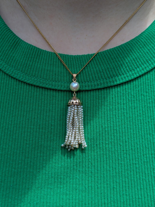 14kt Pearl Tassel Pendant & Chain 1930's