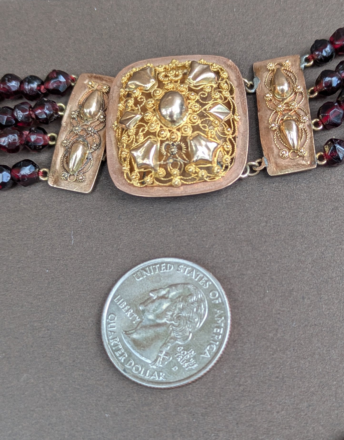 3 Strand Antique Garnet Dutch 14kt Lacework Clasp