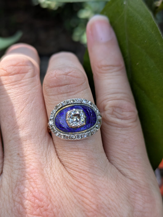 18kt Blue Enamel and Mine Cut Diamond Ring