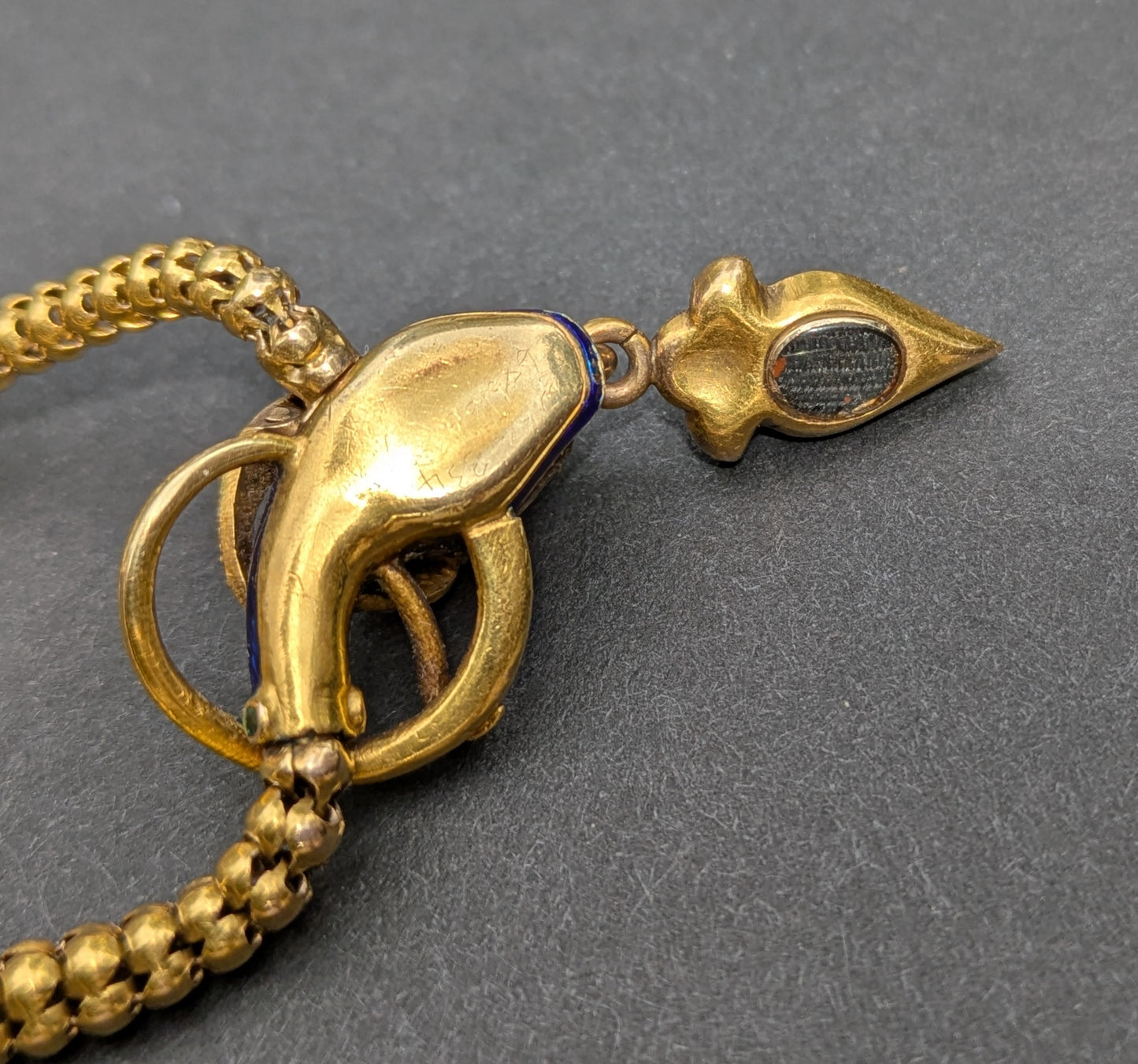 Late 1800's 14k Snake Necklace with Blue and White Enamel, Ruby Eyes, and Oringial Pearl Drop