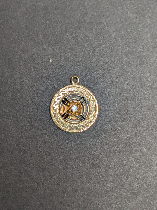 14kt Engraved Disk Charm with added Stick Pin Bull's Eye and Diamond