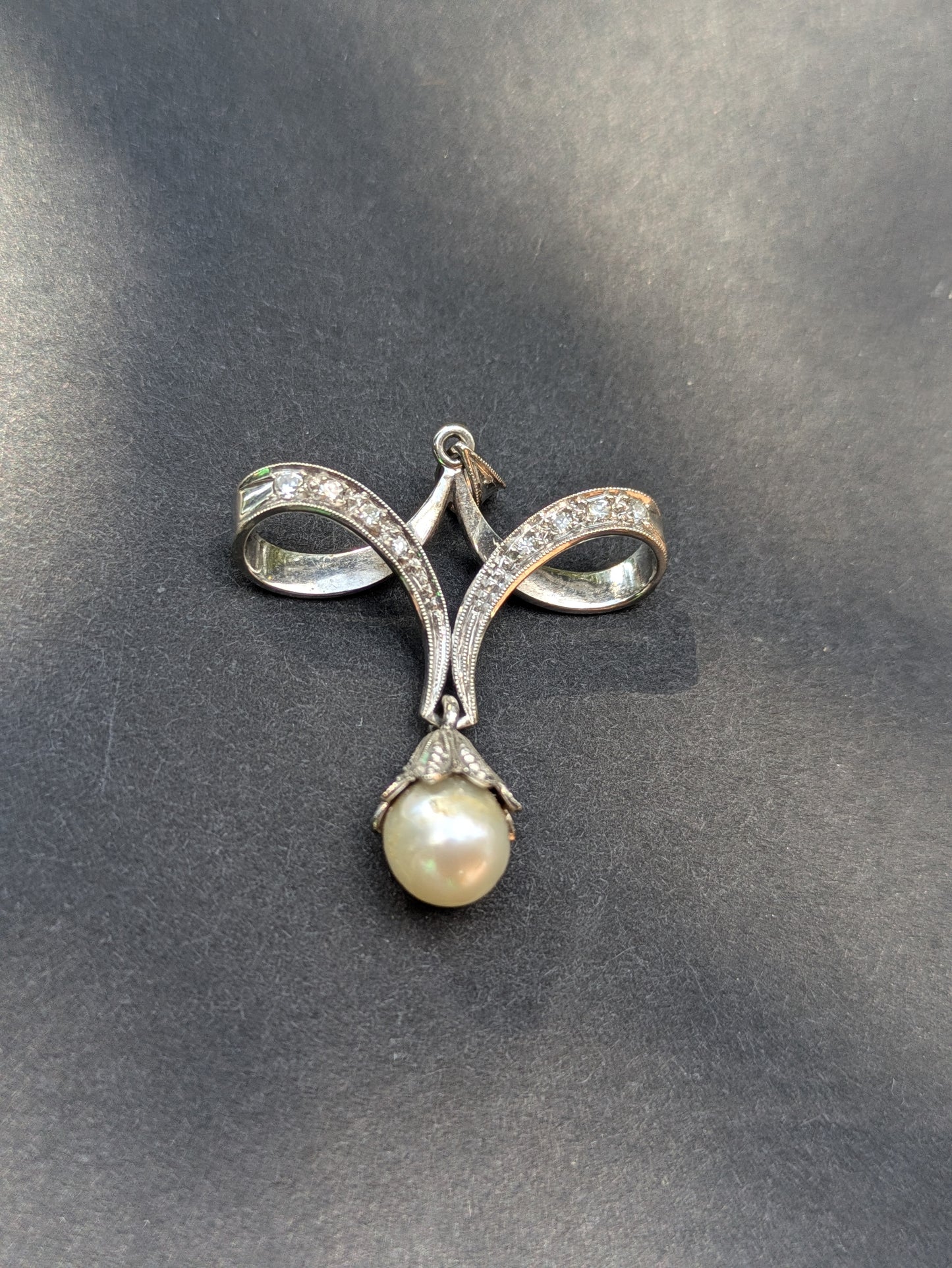 18kt White Gold Swag with DIamonds and Drop Pearl