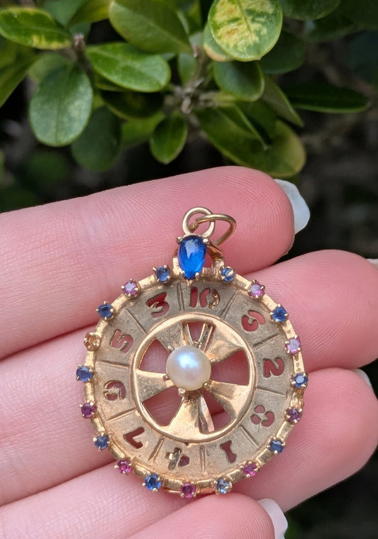 14k Vintage Roulette Wheel Pendant with Pearl Sapphire and Ruby