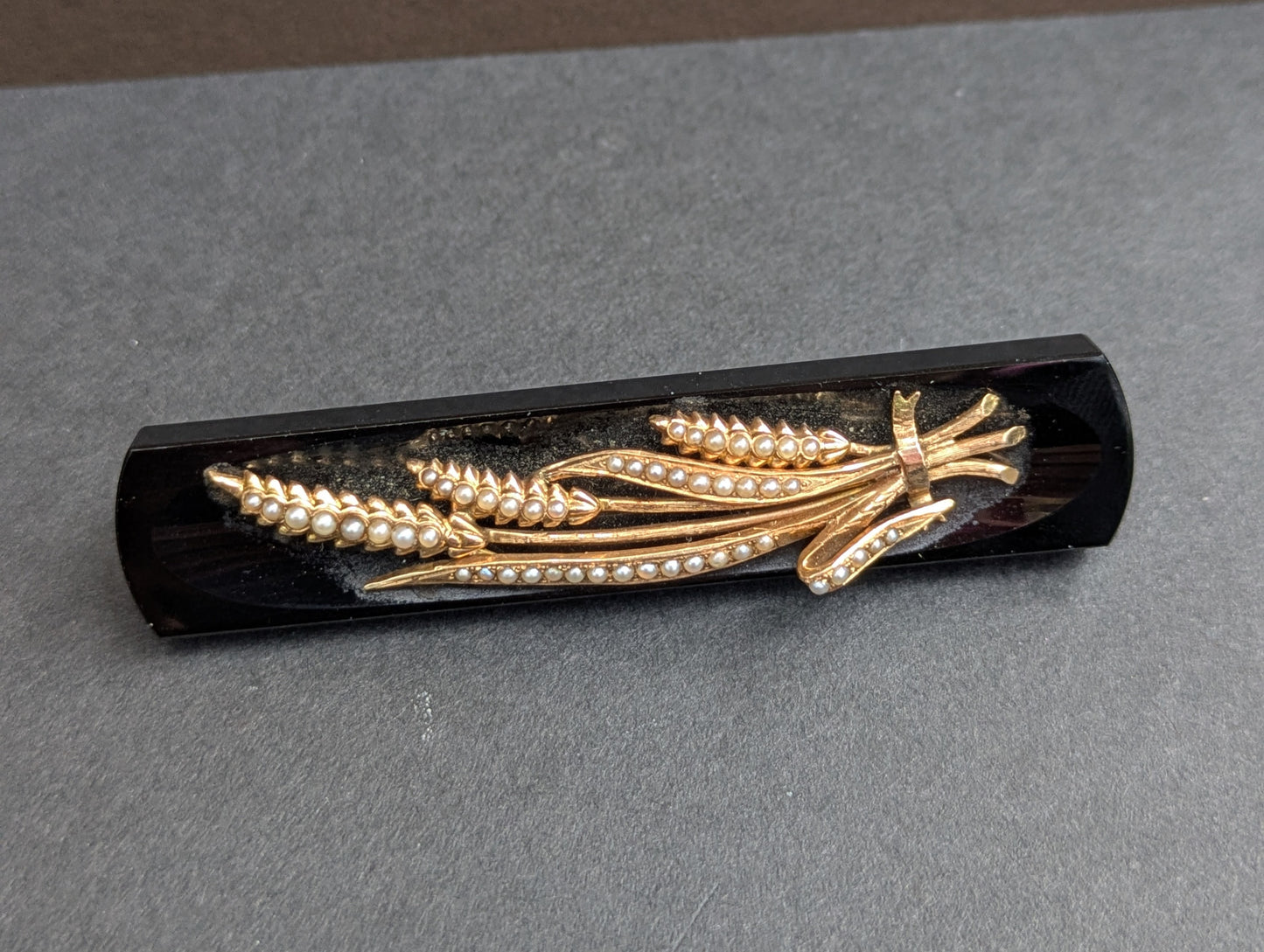 Onyx 14kt & Seed Pearl Brooch with Shaft of Wheat