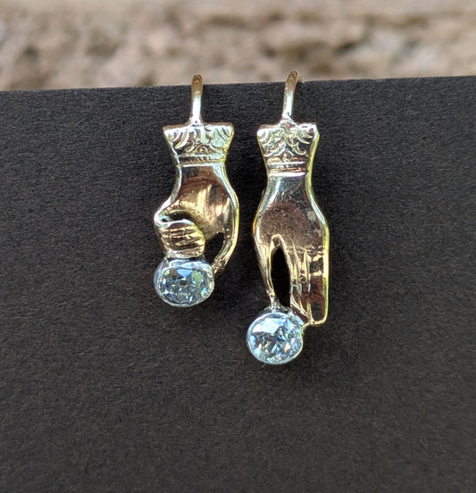 Two Hands with Diamonds Earrings- Conversions from Ring & Brooch 14kt Yellow & White Gold
