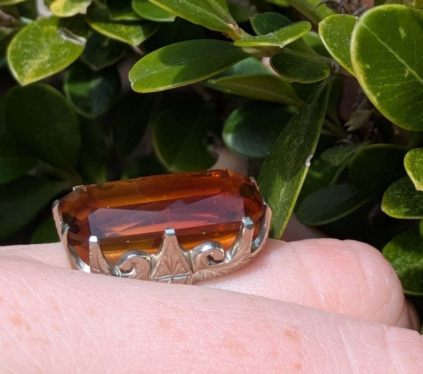 20k White Gold and Elongated Cushion Cut Citrine Ring with Hand Engraving