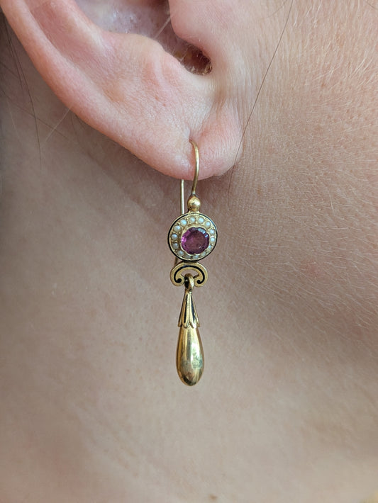14kt Art Deco Amethyst Seed Pearl Enamel Drop Earring