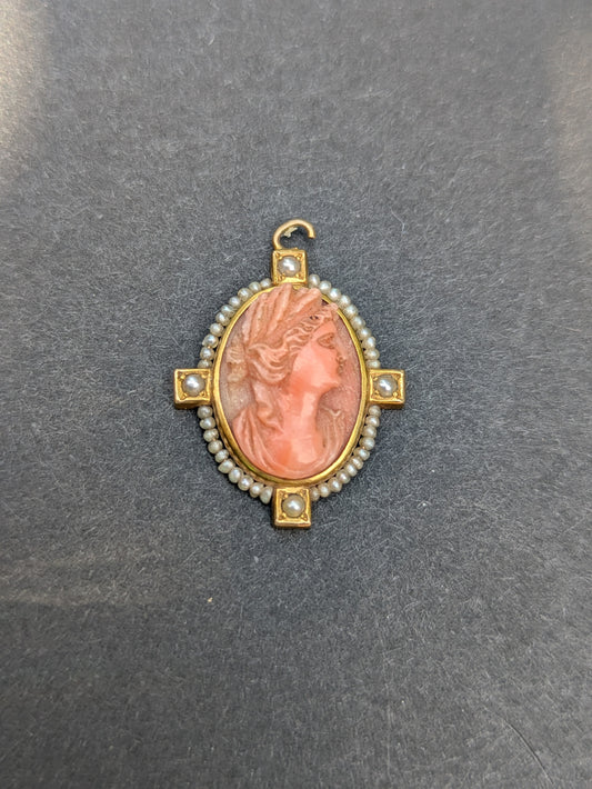 9k Victorian Era Carved Coral Cameo with Seed Pearl