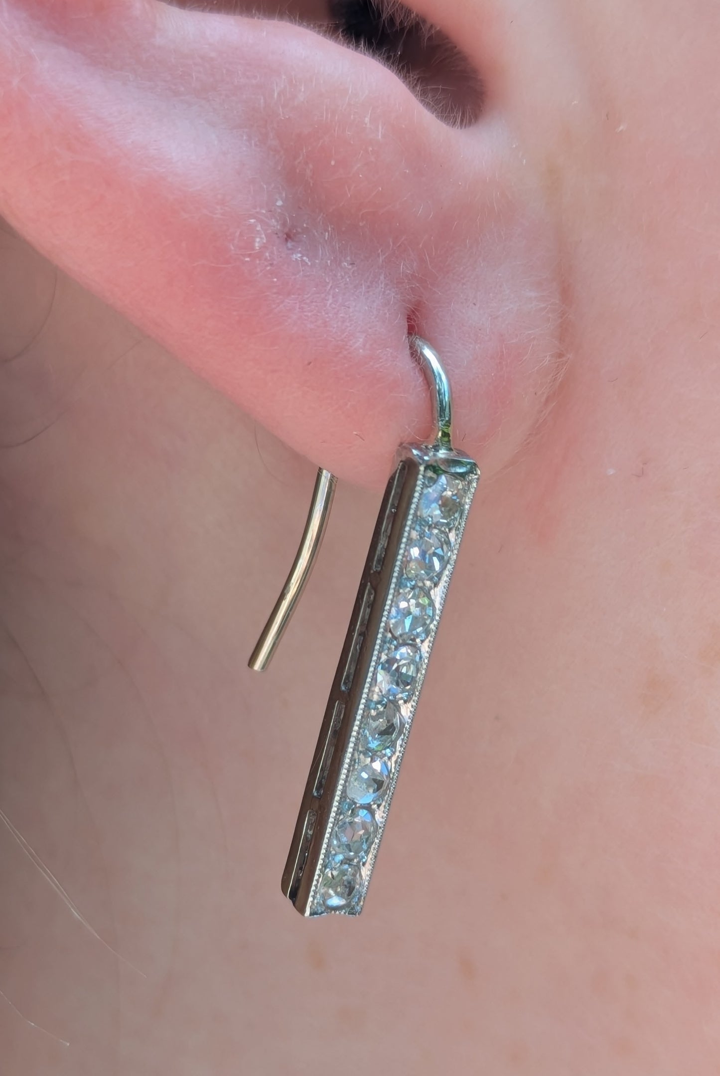 Mine Cut Diamond Earrings 14kt White Gold Converted from Bar Pin