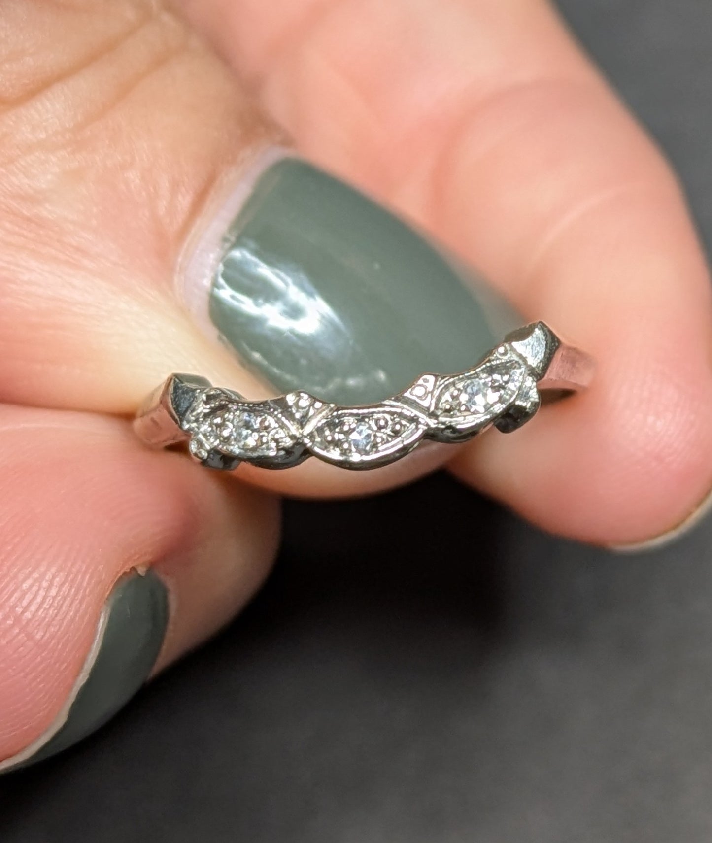 1940's 14k White Gold Diamond Curved Band