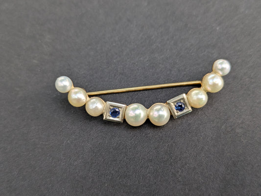 14kt Pearl and Sapphire Cresent Brooch