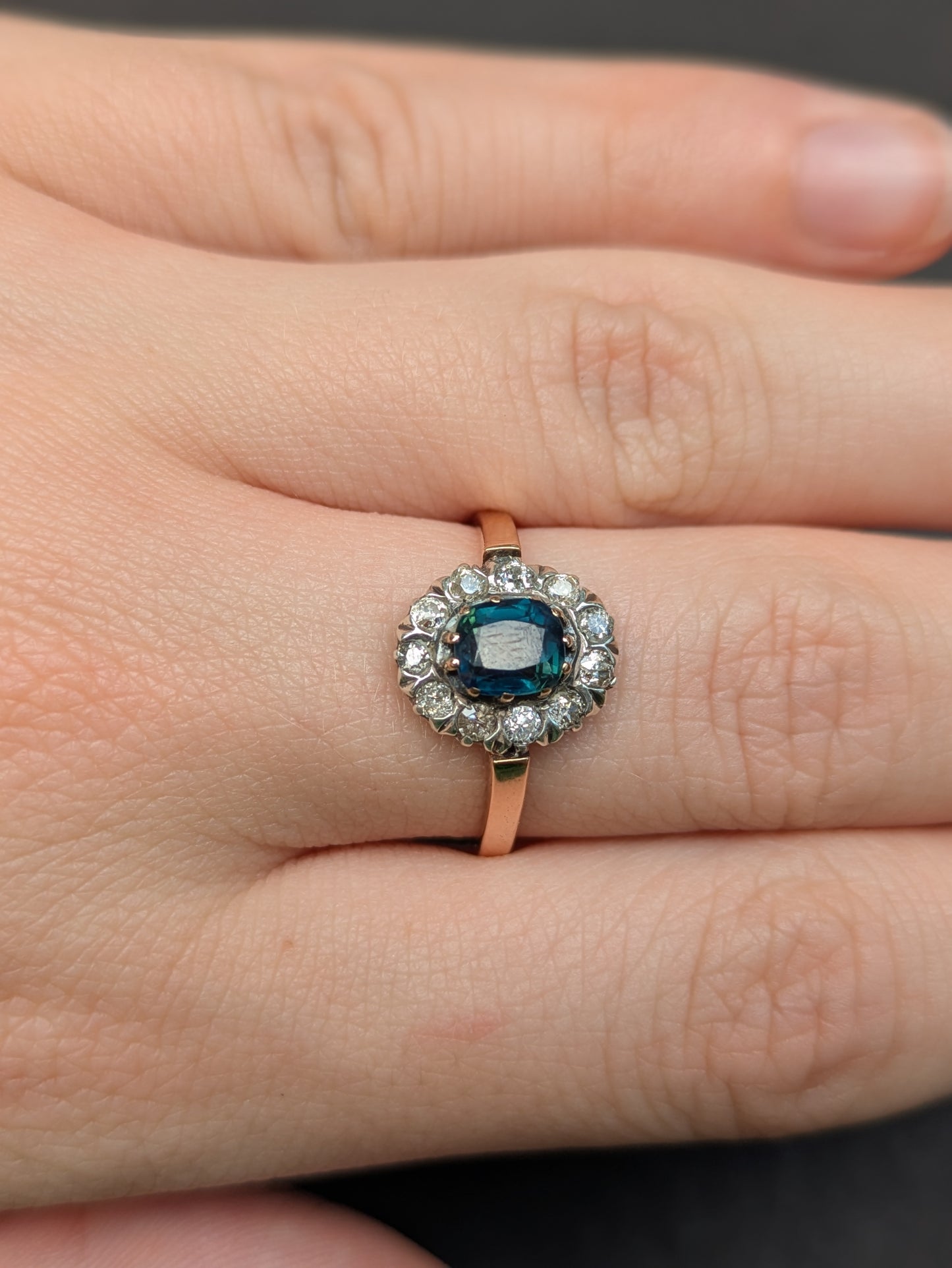 Sapphire Ring with Mine Cut Diamond Halo