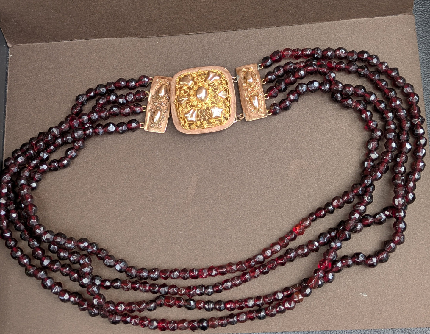 3 Strand Antique Garnet Dutch 14kt Lacework Clasp