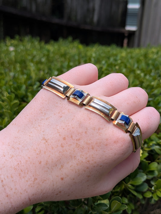 14kt Two-Tone Arts and Craft Era Lapis Bracelet