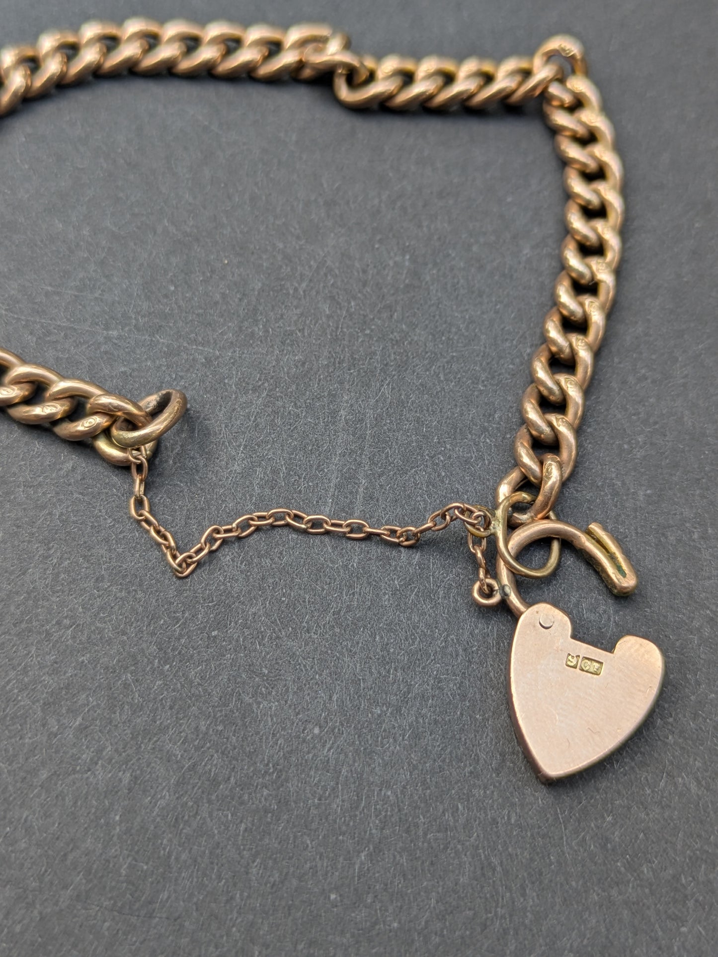 9k English Rose Gold Curb Bracelet with Heart Lock