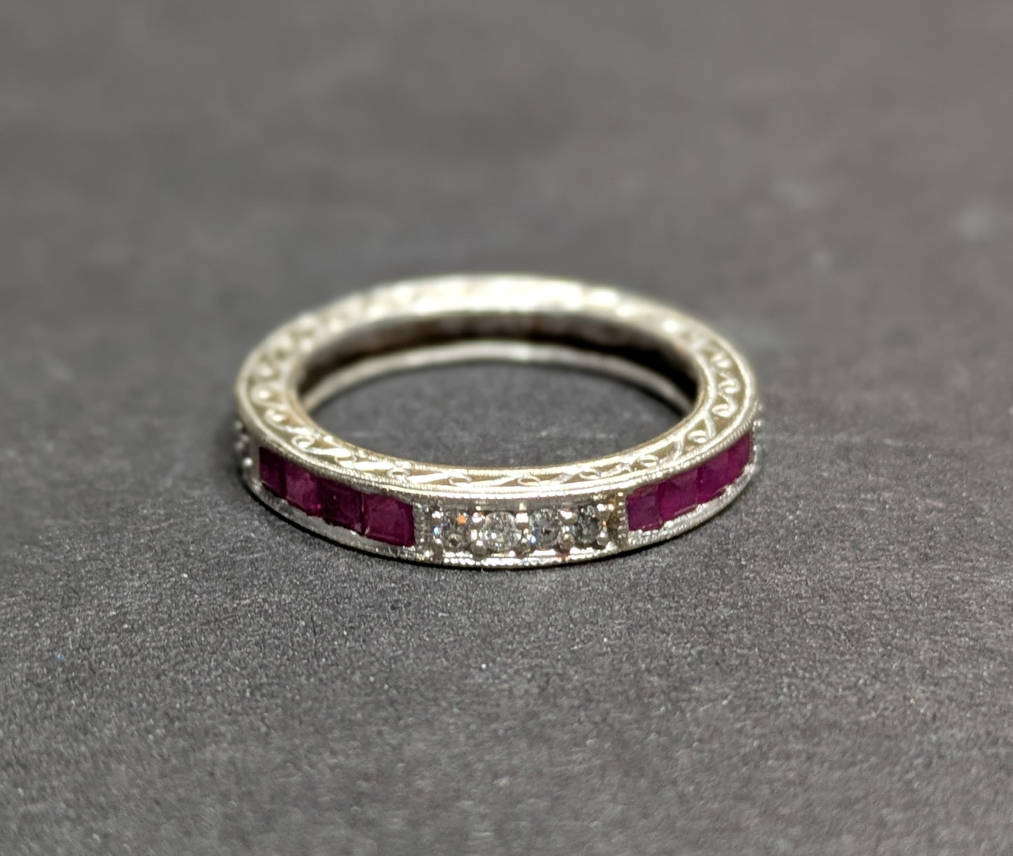 14k White Gold Diamond and French Cut Ruby Anniversary Band