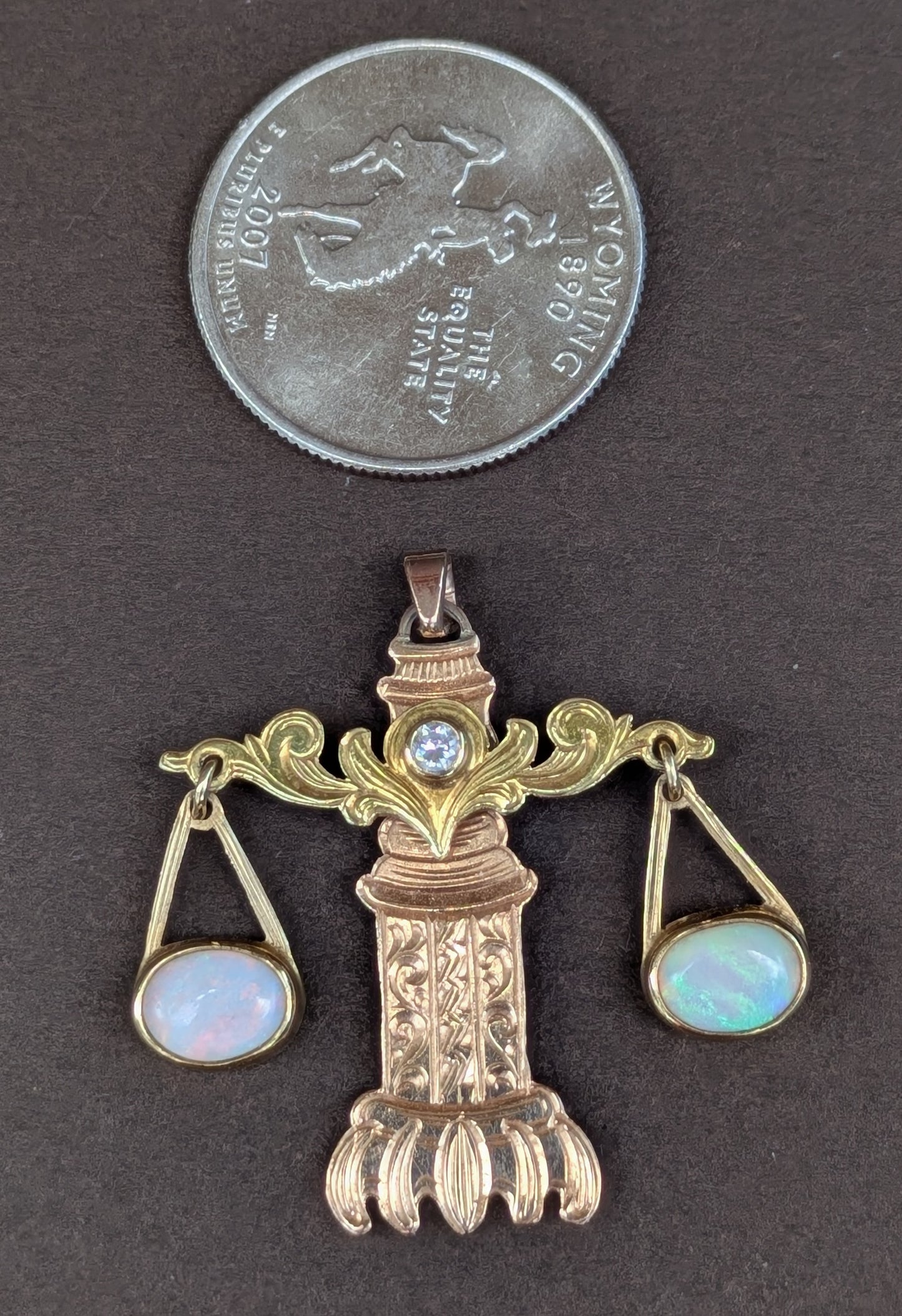 14k Rose and Yellow Gold Scale Pendant with Opal and Diamond