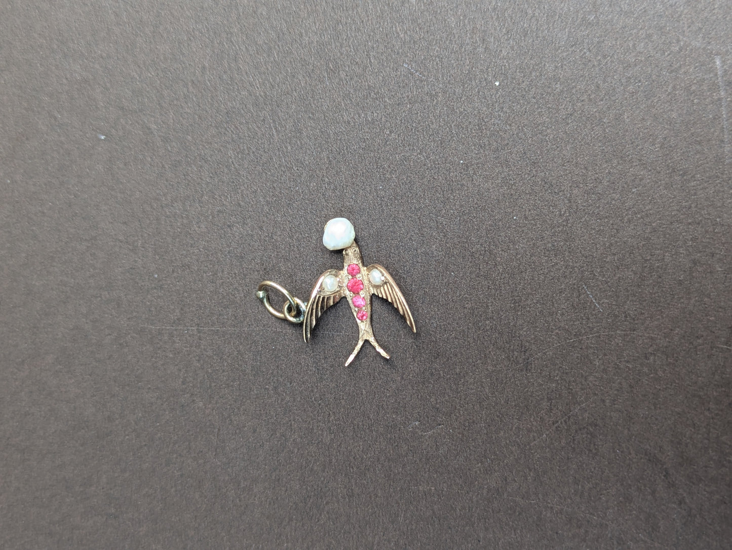 14kt Swallow Charm With Ruby And Pearl