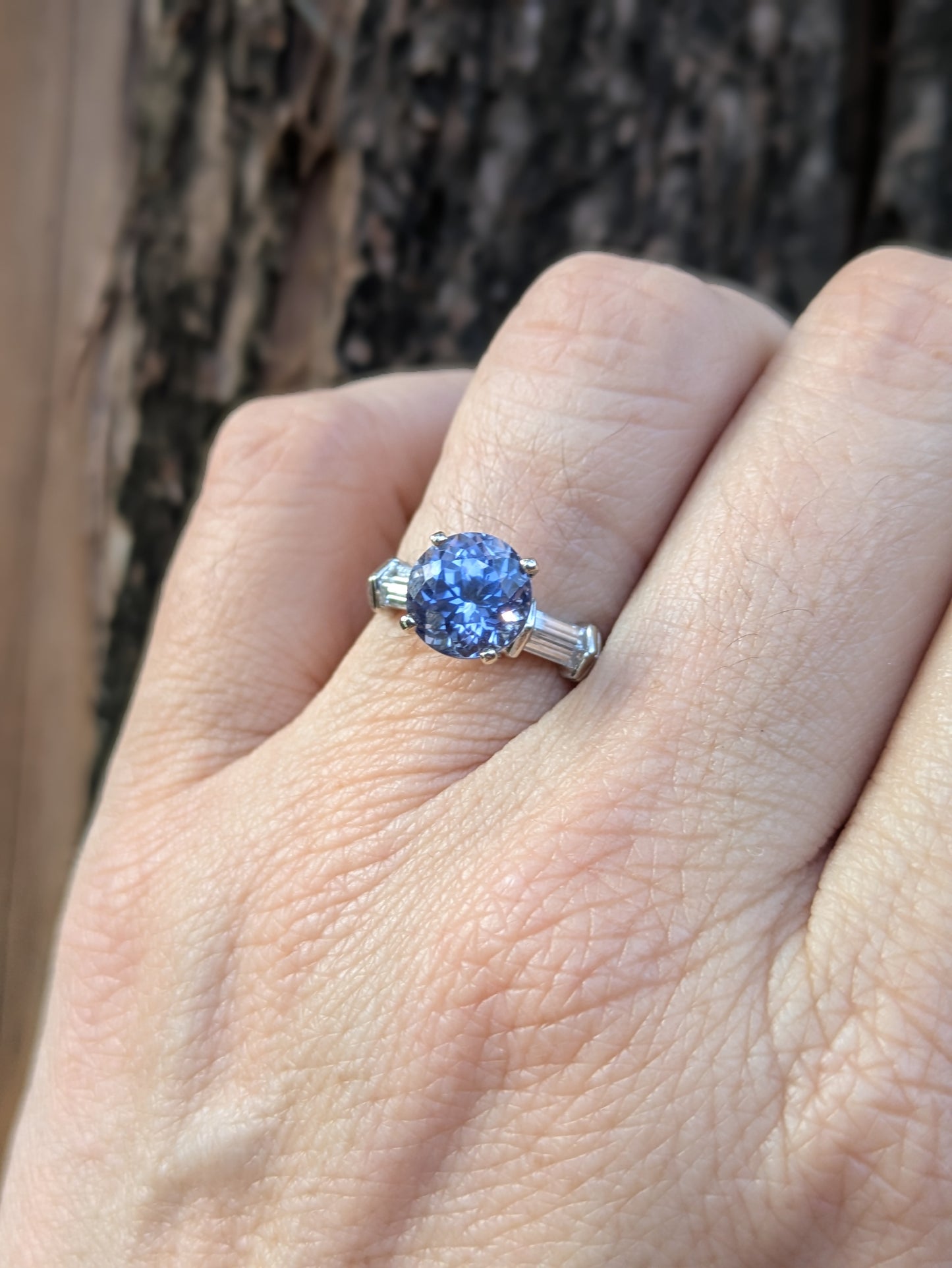 Platinum and Lavender Sapphire Ring with Side Diamond Baguettes