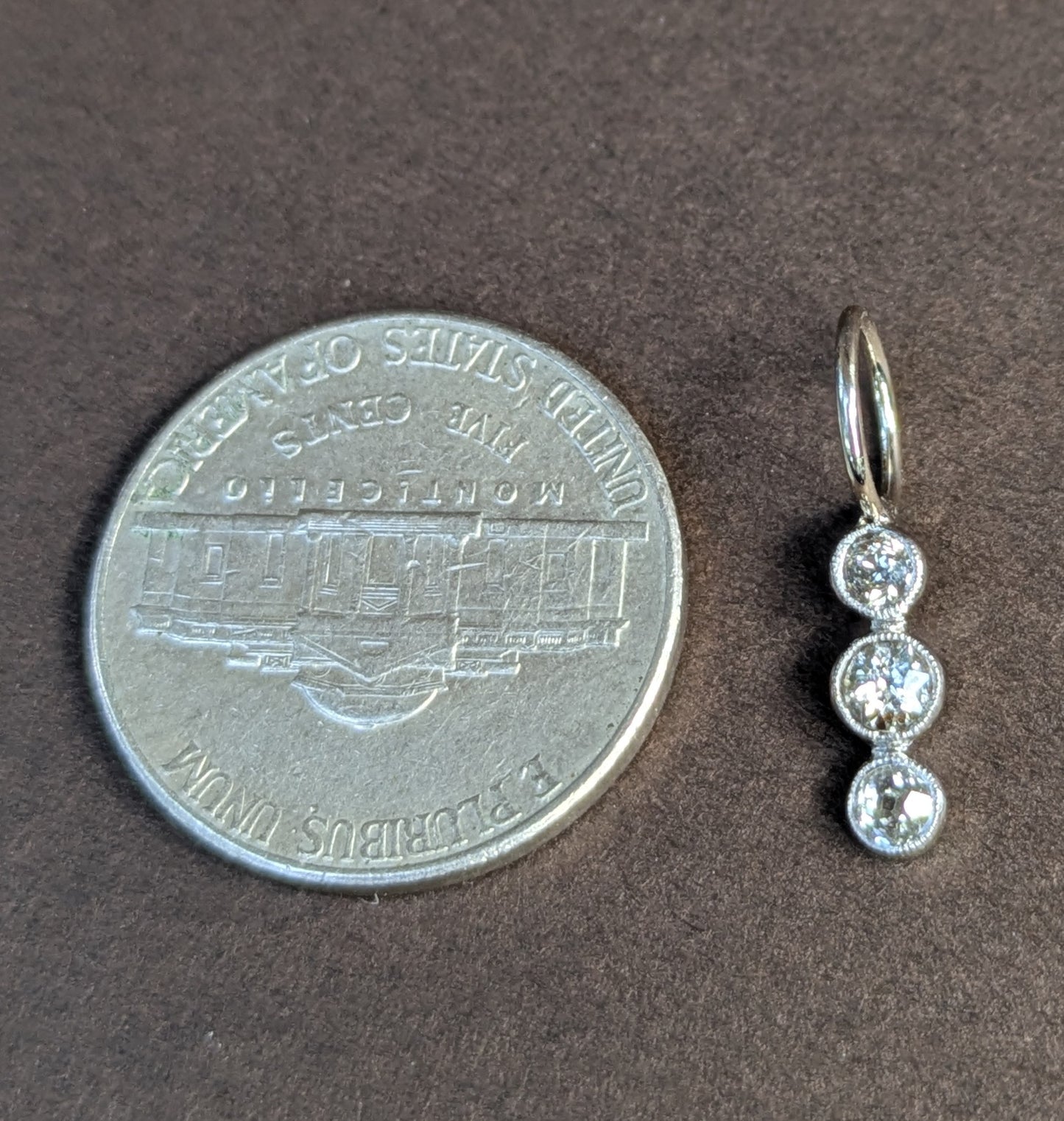 3 Diamond 14kt White Gold Bezel Set (Mill grain) Charm from Brooch Part