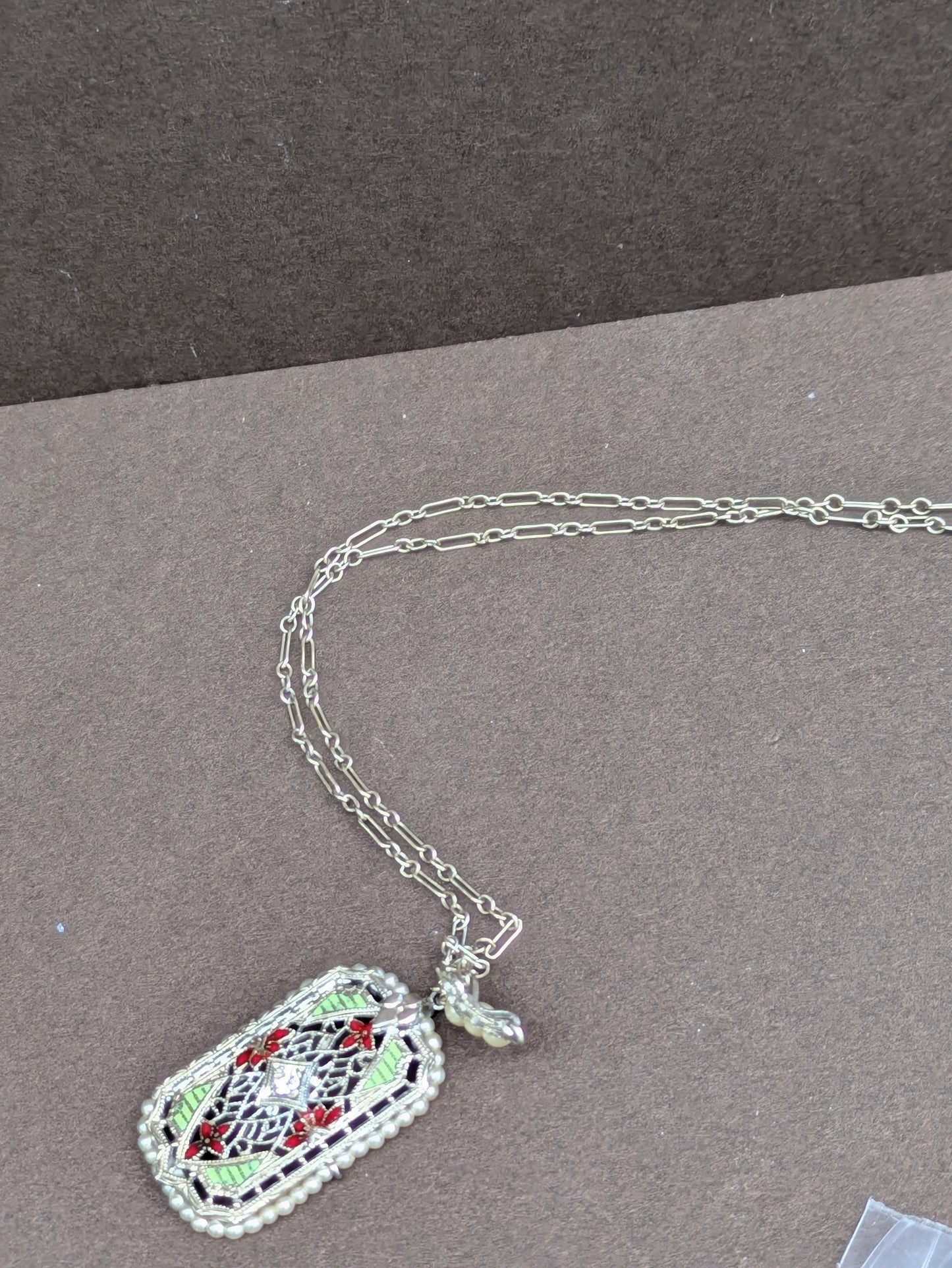 14k White Gold Filigree Necklace with Enamel, Pearl, and Diamond