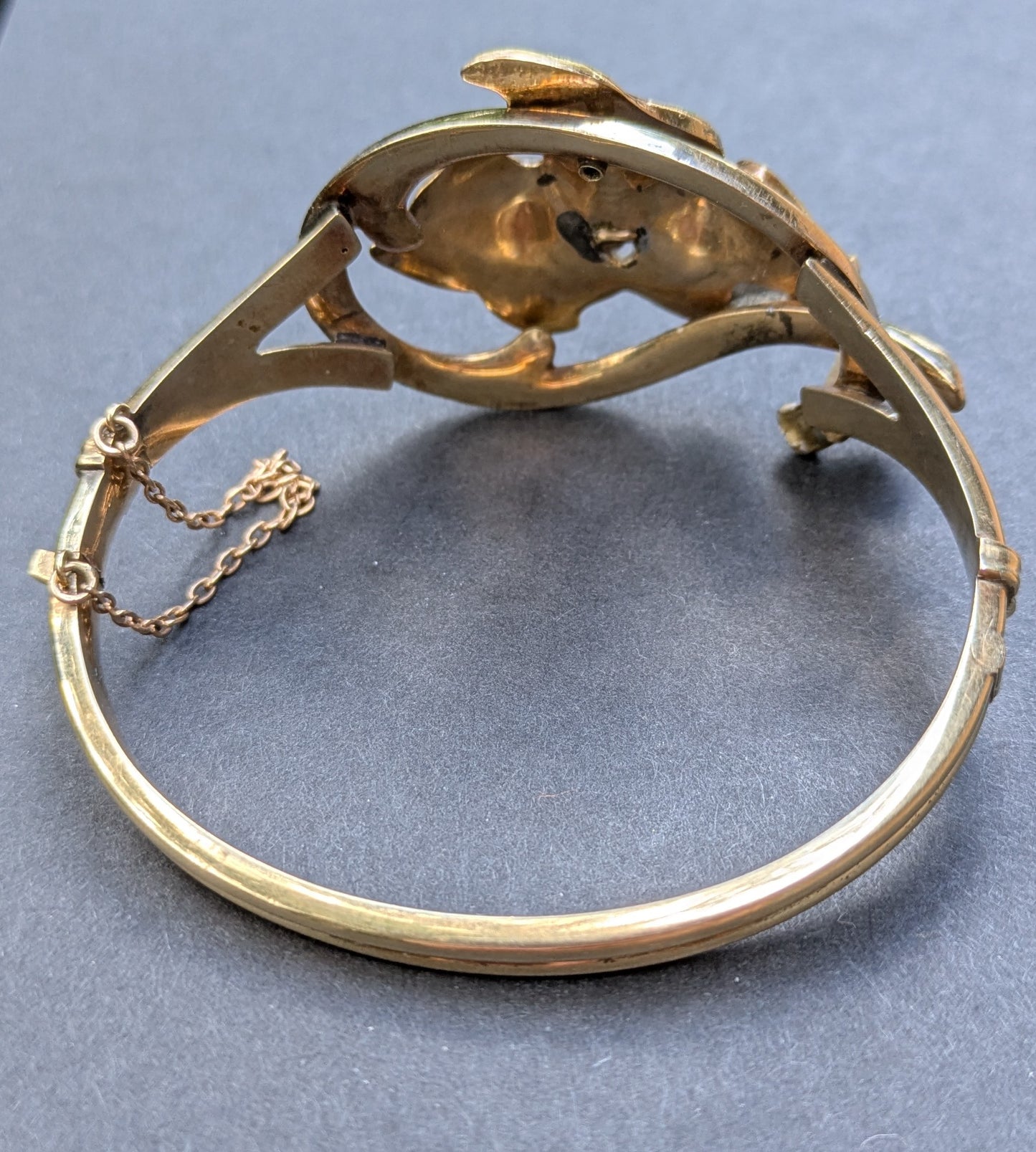 Early 1900's 14k Hinge Bangle Bracelet with Green Enamel and Seed Pearl