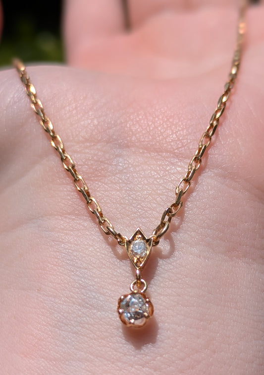 9kt Necklace with Sheild and Crown Set Mine Cut Diamonds