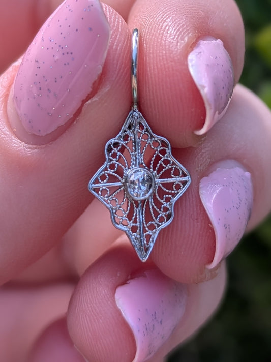 14kt White Gold Filigree & Damond Charm