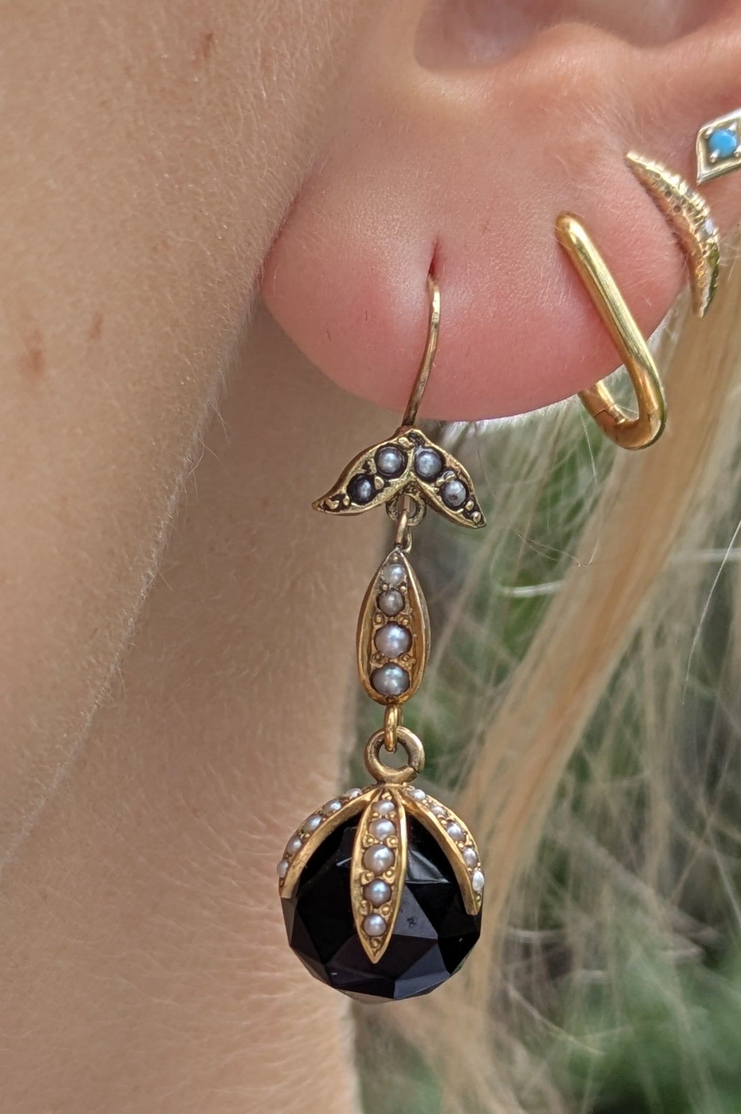 14k Jet and Seed Pearl Dangle Earrings