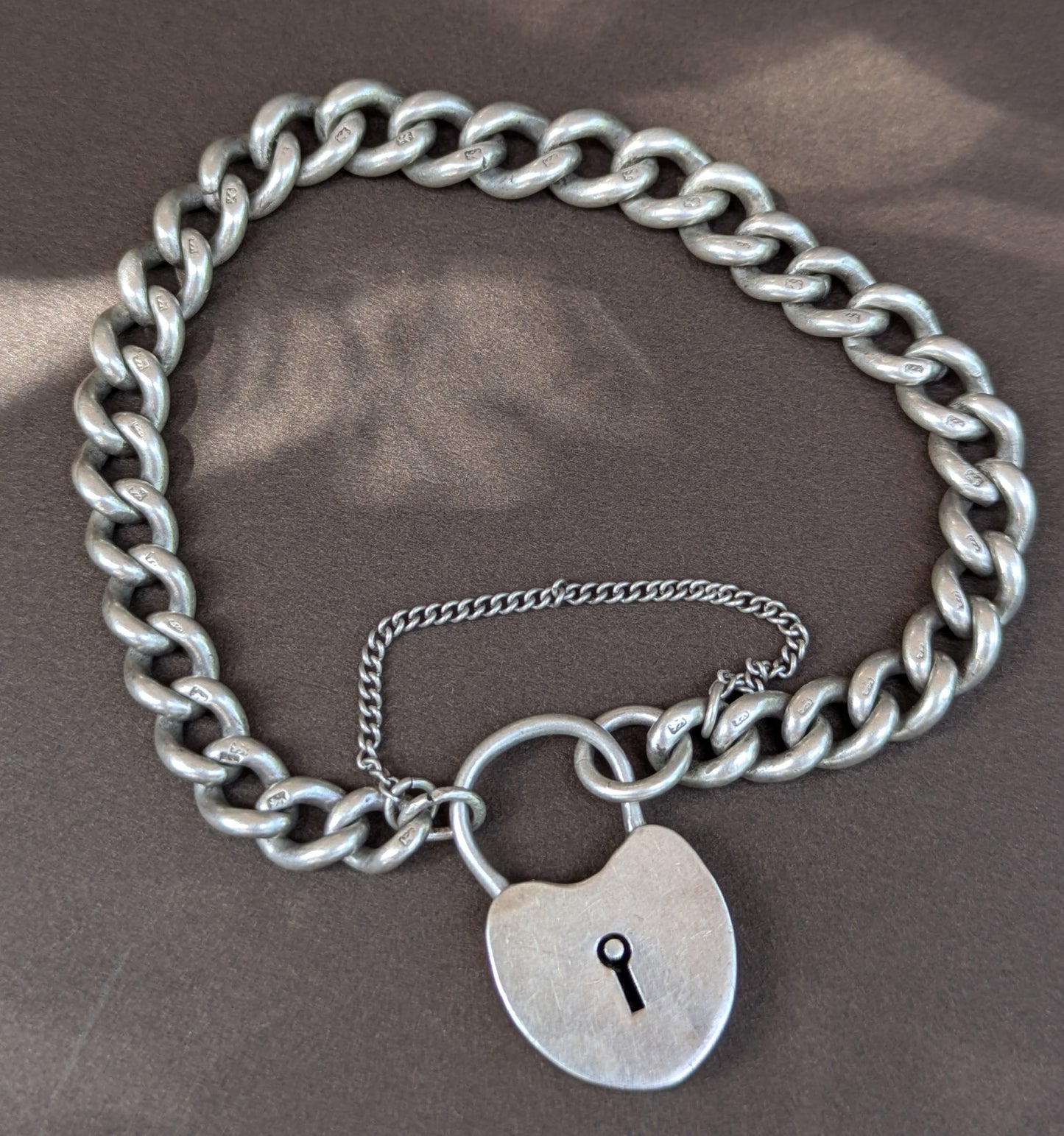 English Sterling Solid Curb Heart Clasp Bracelet