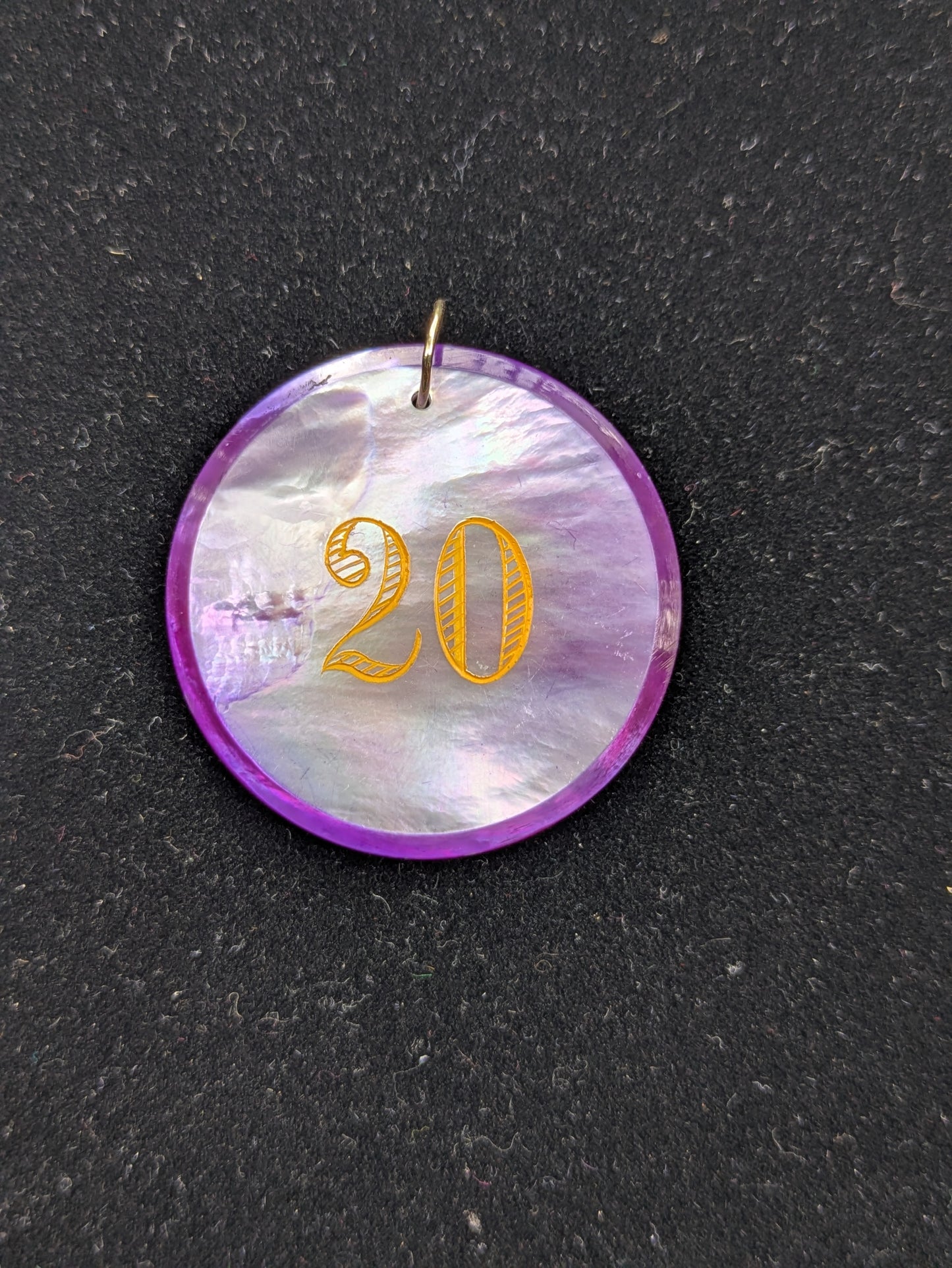 Round Purple Mother of Pearl Poker Chip with Yellow Engraving "20"