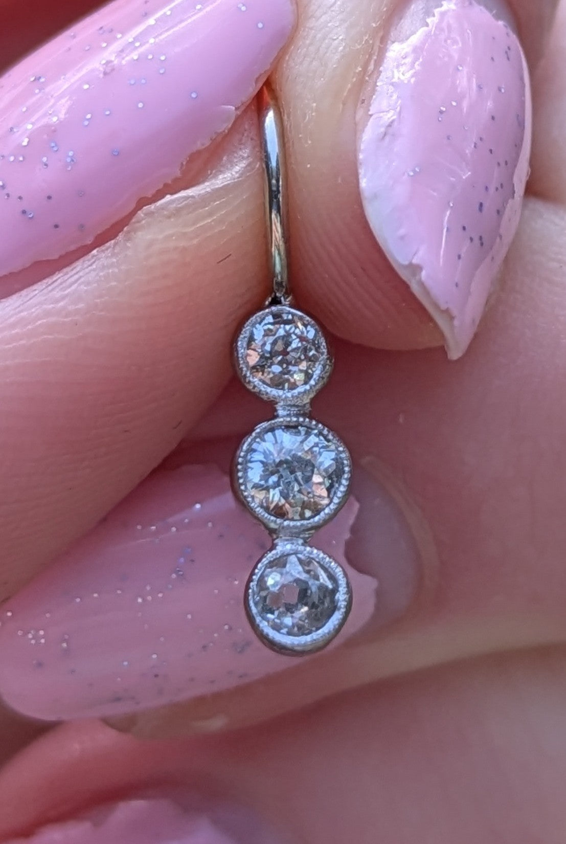 3 Diamond 14kt White Gold Bezel Set (Mill grain) Charm from Brooch Part
