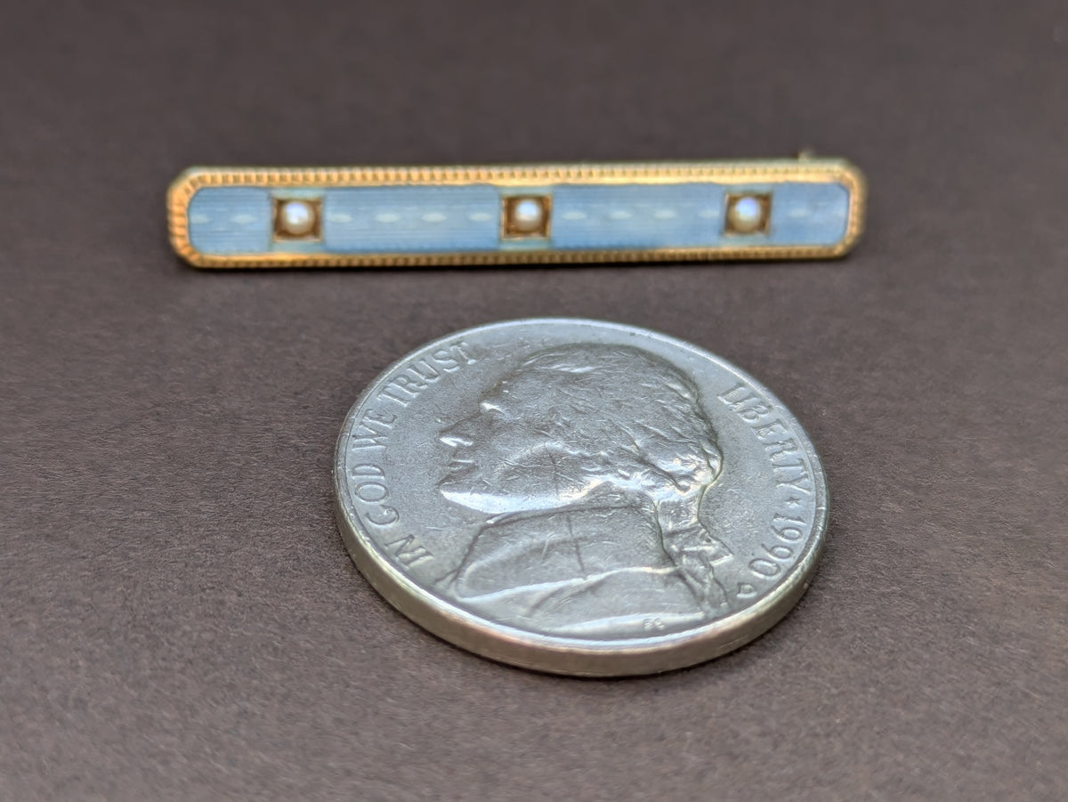 14kt Blue Enamel And Seed Pearl Bar Pin