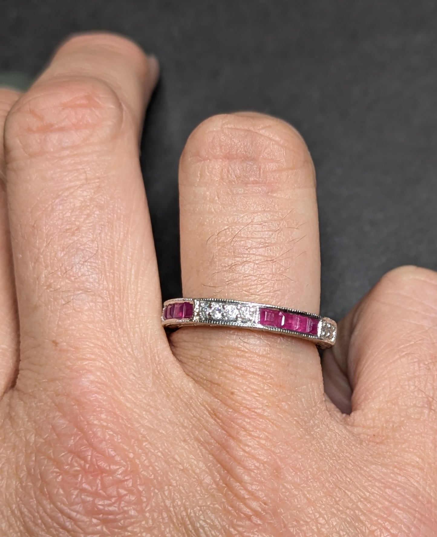 14k White Gold Diamond and French Cut Ruby Anniversary Band